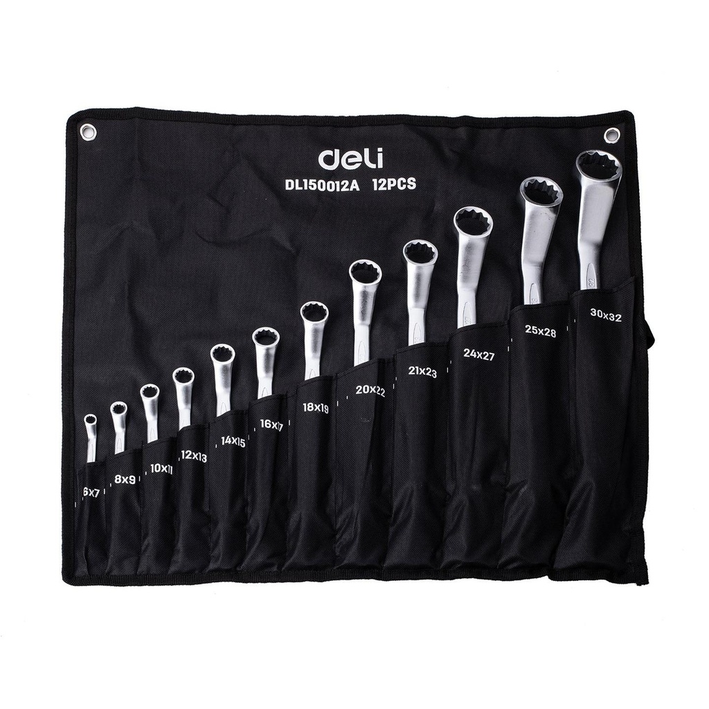 Deli EDL150012A 6–32mm 12PCS Offset Ring Spanner Set  – Heavy Duty Professional Metric Wrench Kit for Automotive, Workshop, Construction, and Industrial Maintenance Applications