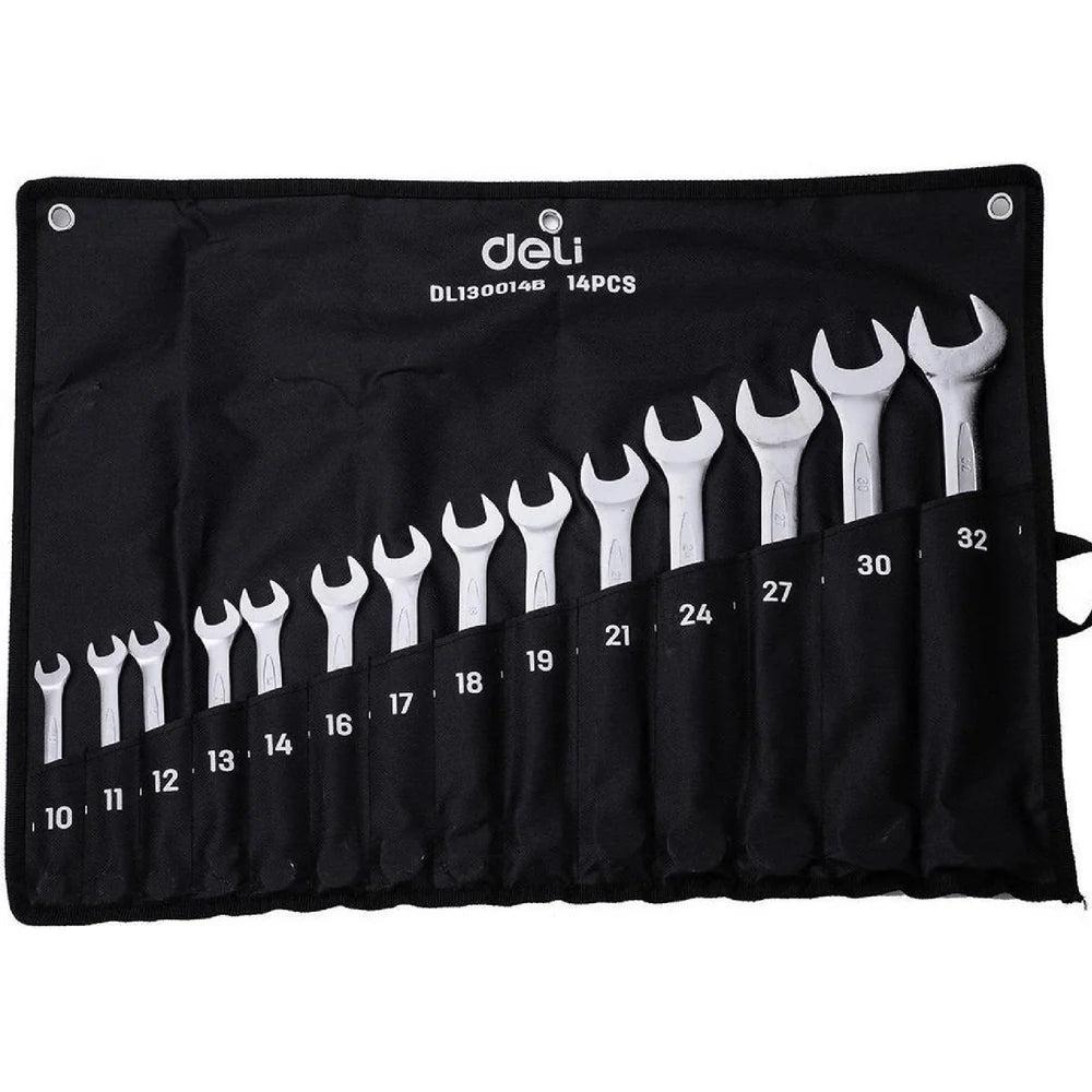 Deli EDL130014B 14PCS Combination Spanner Set 10–32mm – Heavy Duty Professional Metric Wrench Kit for Automotive, Workshop, Construction, and Industrial Maintenance Applications