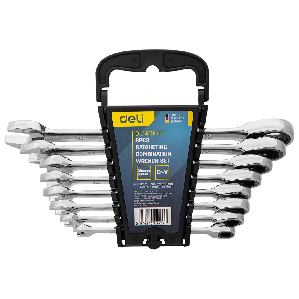Deli EDL341108T 8PCS Ratcheting Combination Spanner Set – Heavy Duty Professional Metric Wrench Kit for Automotive, Workshop, Construction, and Industrial Maintenance Applications