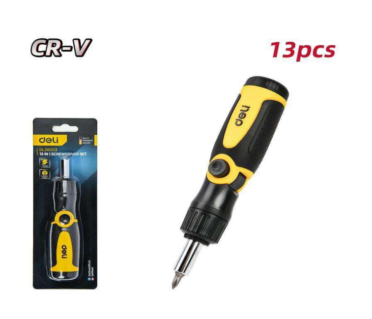 Deli EDL260113 13-in-1 Ratchet Screwdriver – Professional Heavy Duty Multi-Function Hand Tool for Workshop, Automotive, Construction, and Industrial Use