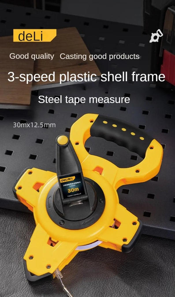 Deli DL9050G 50m x 14.5mm Steel Measuring Tape – Fast Rewind Gear Tape Measure with 3:1 Gear Ratio for Construction, Surveying and Layout Applications