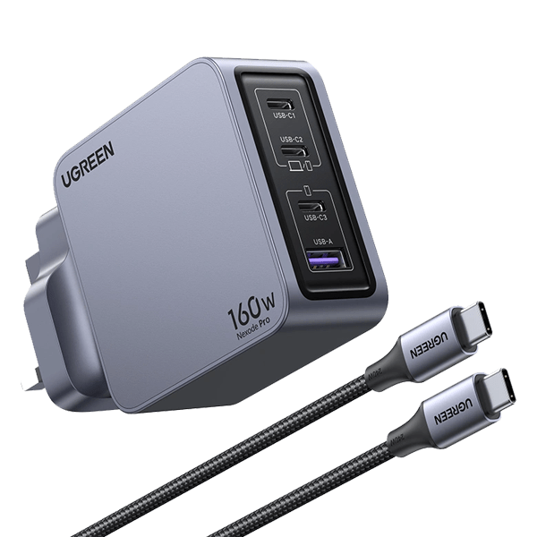 UGREEN X763 Nexode Pro 160W 4-Port GaN Fast Charger UK Plug Grey with 1.5M 240W USB-C Cable UG-25878 – PD 3.1 Super Fast Charging for Laptops, MacBook, Phones & Tablets