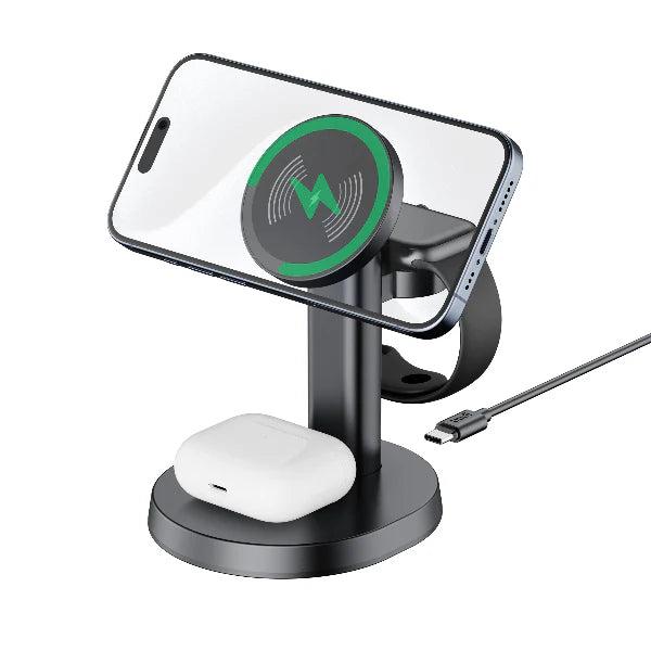 Budi WL4900 Wireless 3 in 1 Charging Stand – Fast Wireless Charging Dock for Smartphone, Smartwatch and Earbuds with Stable Desktop Design for Home and Office Use