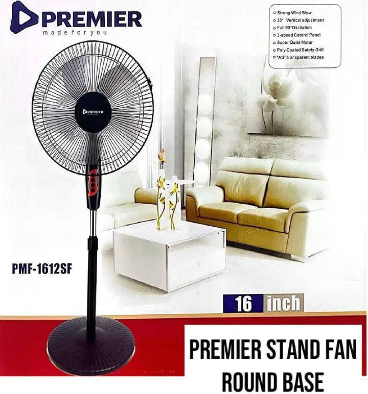 Premier PMF-1612SF 16" Stand Fan - Heavy Duty Round Base Adjustable Height Oscillating Cooling Fan for Home & Office