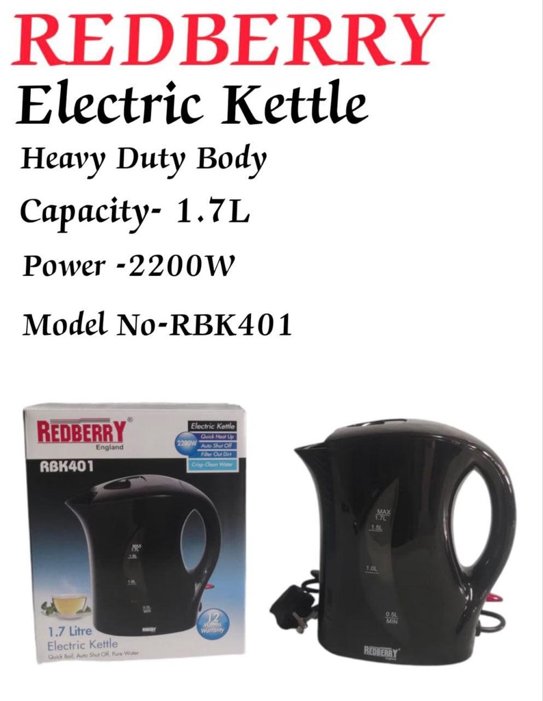 Redberry RBK401 1.7L Electric Kettle – Fast Boiling, Auto Shut-Off, Durable Design, Perfect for Home, Office & Small Commercial Use