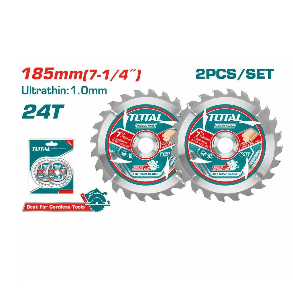 Total TAC2331853 2pcs 185mm (7-1/4") Ultra-Thin TCT Saw Blade Set – Precision Cutting Tool for Wood, Metal & DIY Projects