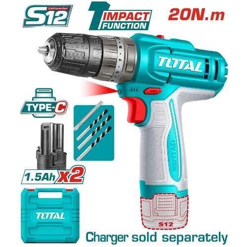 Total TIDLI12206 12V Cordless Impact Drill Driver – Lithium-Ion Battery, Variable Speed, Heavy Duty Power Tool