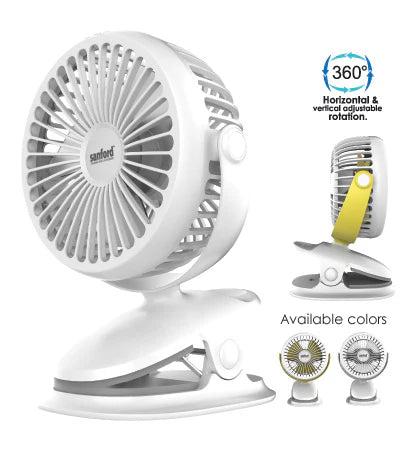 Sanford SF6664PCF Portable Clip Fan – 360º horizontal and vertical adjustable rotation, multiple speed settings, quiet operation, and compact design perfect for personal cooling at home, office, or travel.