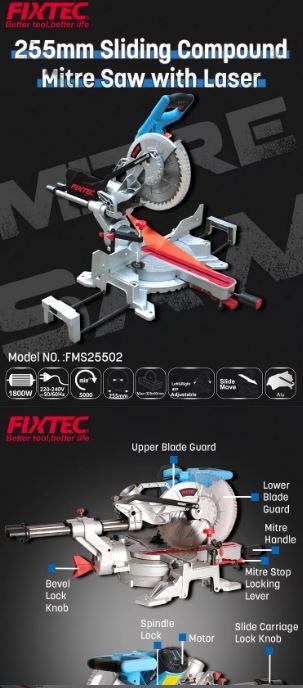 Fixtec FMS25502 1800W 255mm Sliding Mitre Saw – Precision Wood Cutting Saw for Carpentry & DIY