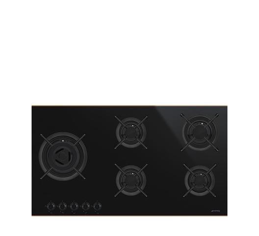 SMEG PV695LCNR 90CM 5-Burner Gas Built-In Hob – Black Glass Surface with Wok Burner and Cast Iron Pan Supports, Durable and Stylish Built-In Gas Hob for Modern Kitchens