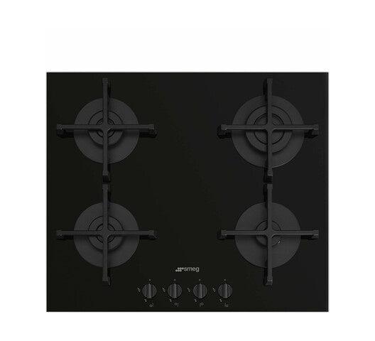 SMEG PV264B 60CM 4-Burner Gas Built-In Hob- Black Glass Surface with Cast Iron Pan Supports, Durable and Stylish Built-In Gas Hob for Modern Kitchens