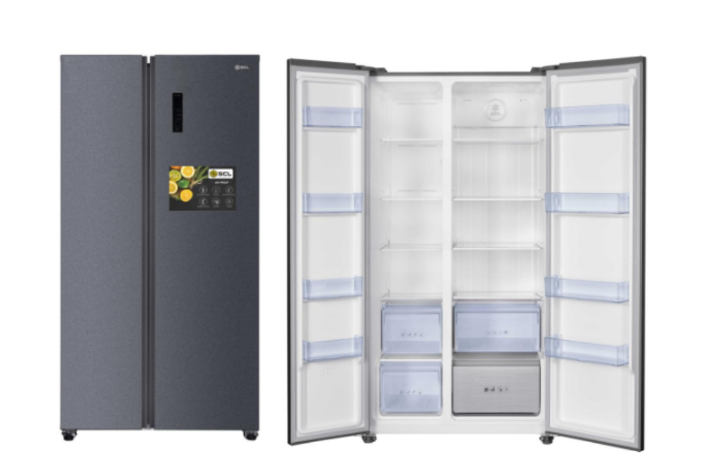 SCL 595L Side by Side Refrigerator SCL-SBS595ECPG – Energy-Efficient cooling, low-noise operation, adjustable shelves, and organized storage for fresh and frozen items.