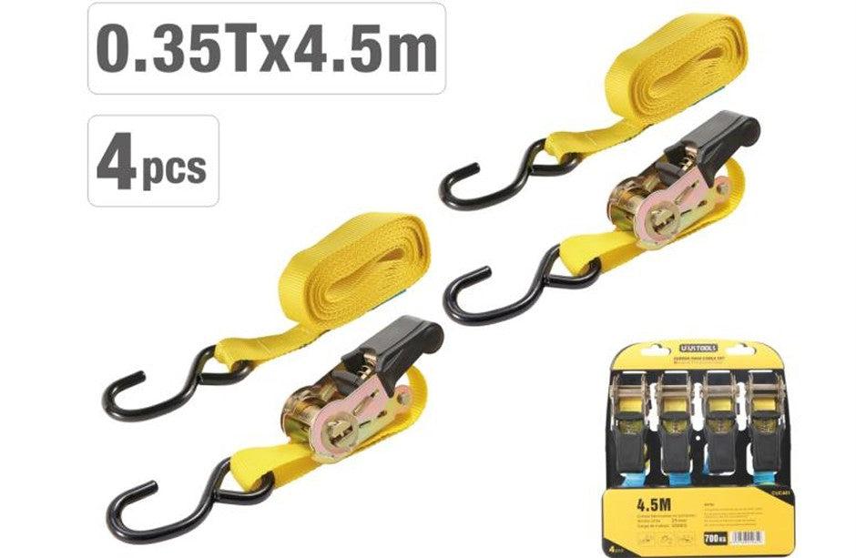 Uyustools CUC401 Ratchet Tie Down 1"x 4.5M – 4 Pcs Set – Heavy Duty Polyester Straps – 0.35 Ton Rated Working Load – 0.7 Ton Max Break Strength - 2" x 6M Option Available - for Securing Loads