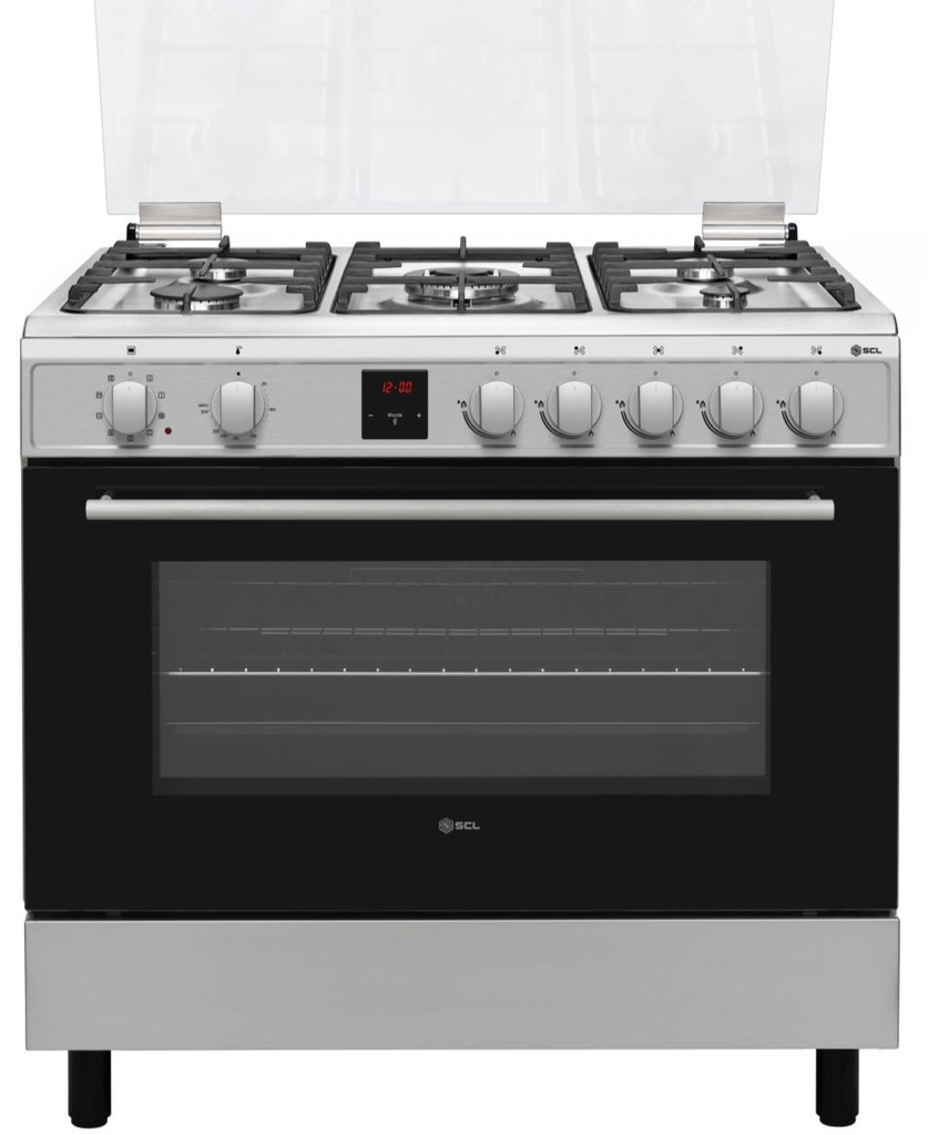SCL Free‑Standing Cooker SCL‑FC965WSI – 90×60 cm cooker with 4 gas burners, 1 wok burner, wide multifunction electric oven with top & bottom heating + grill + turbo fan, and flame-failure safety.
