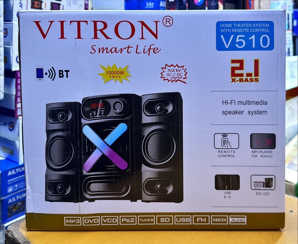 Vitron V510 Bluetooth Home Theatre System – 2.1 Channel Speaker with USB/FM/SD, 10,000 W PMPO