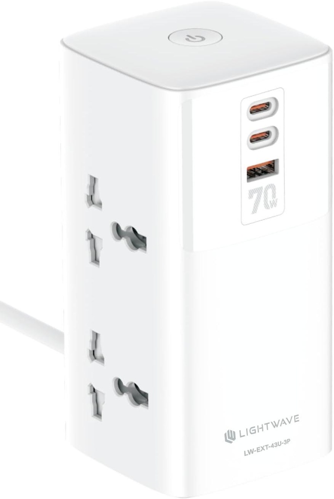 Light Wave LW-EXT-43U-3P Power Extension Tower: 4-Way Socket with 3 USB Fast Charging Ports, Surge Protection
