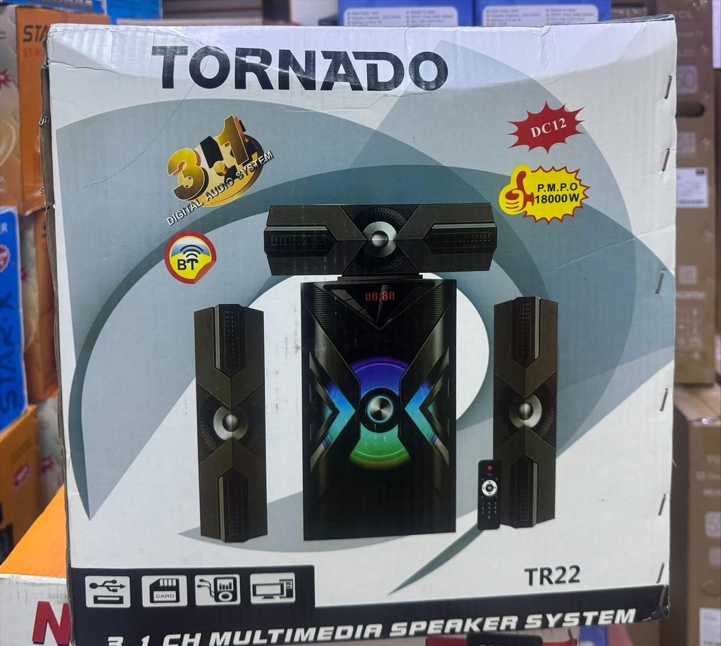 Tornado TR22 3.1CH Bluetooth Home Theatre Speaker – Powerful Home Theatre with Deep Bass, USB/SD/FM/AUX & Remote Control