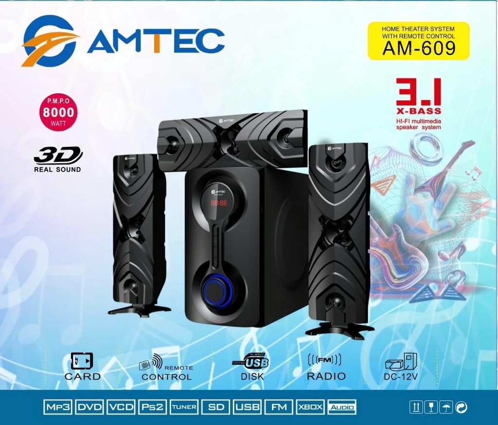 Amtec AM-609 3.1CH Bluetooth Woofer Home Theater System – Deep Bass, FM Radio, USB/SD, Remote Control