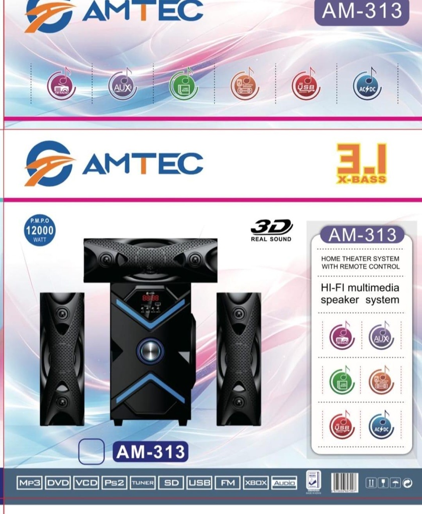 Amtec AM-313 3.1CH Bluetooth Woofer Home Theater System – Powerful Bass, FM Radio, USB/SD, Remote Control