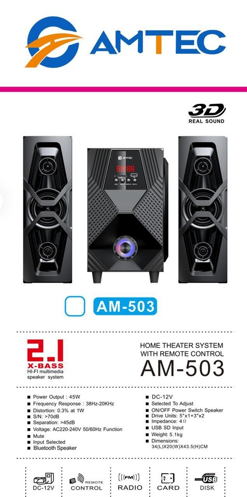 Amtec AM-503 2.1CH Bluetooth Home Theater System - Deep Bass, USB/FM, Remote Control