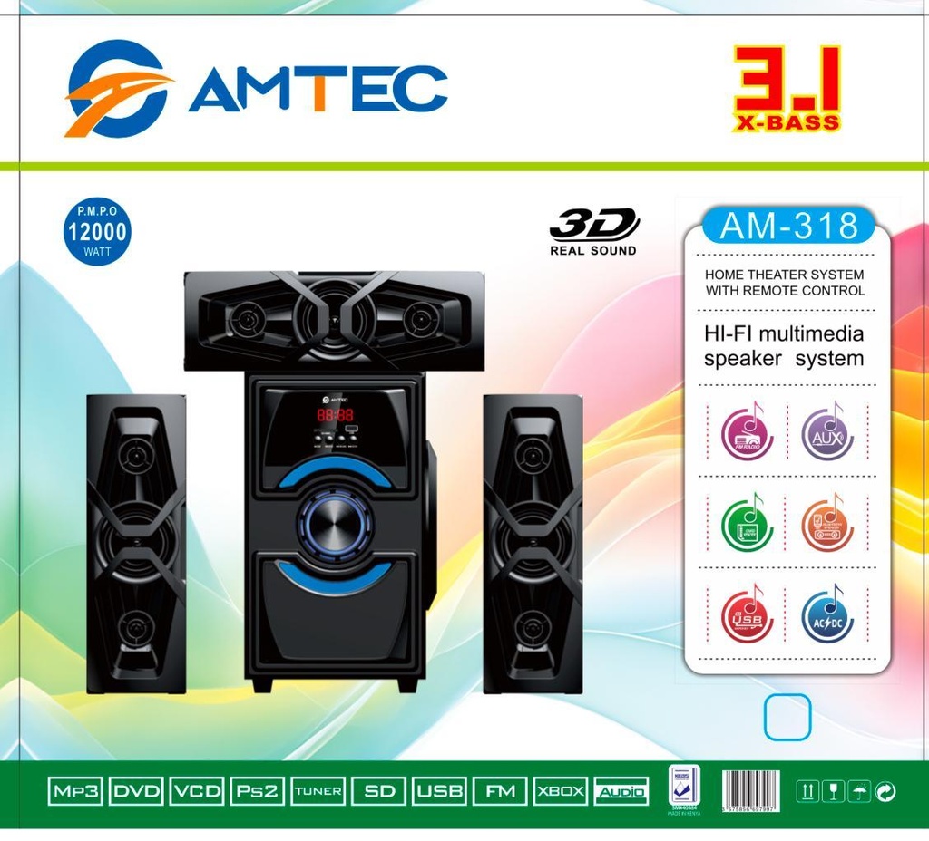 Amtec AM-318 3.1CH Bluetooth Woofer Home Theater System – Powerful Bass, FM Radio, USB/SD, Remote Control
