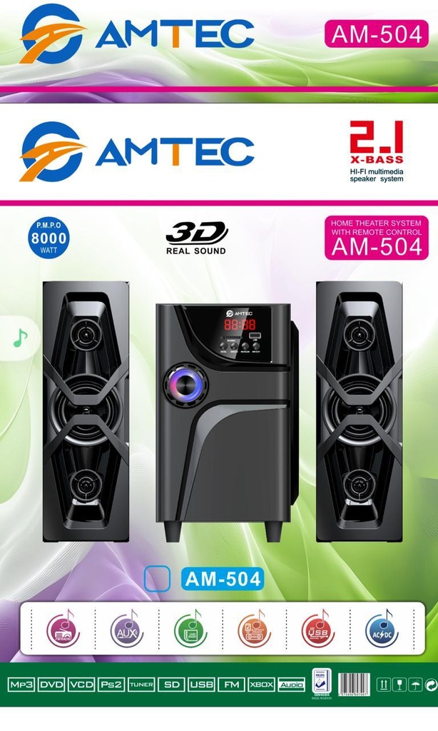Amtec AM-504 2.1CH Bluetooth Home Theater System – Deep Bass, USB/SD/FM/AUX Support & Remote Control