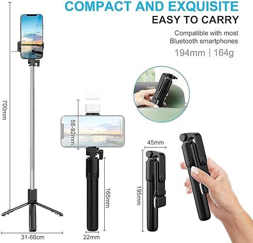 Selfie Stick R1S with Fill Light, All in One Portable Selfie Stick Tripod Phone Holder with Detachable Wireless Remote, Compatible with Android Smartphone & Lightweight