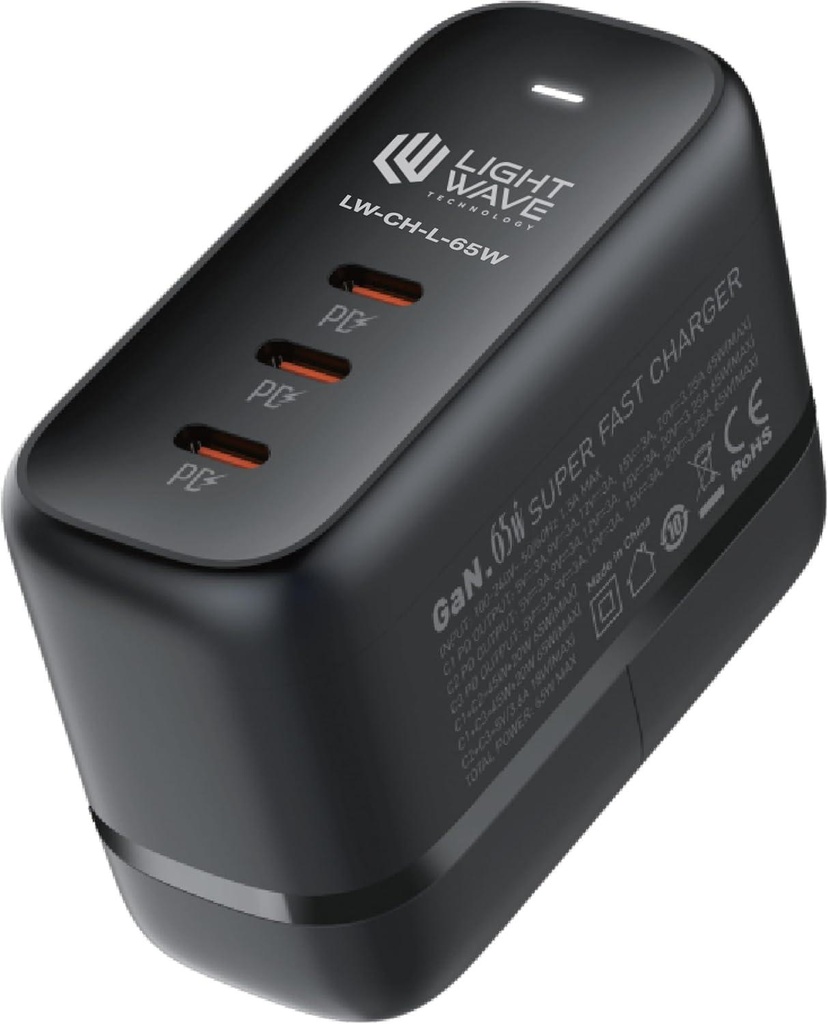 Lightwave 65W Desktop Charger, 3 USB Type-C Ports with PD, 2M Cable, Fast Charging (LW-CH-L-65W)