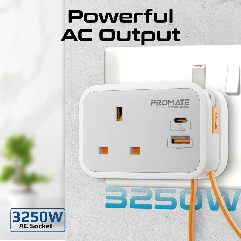 Promate VersaSocket Multi-Function AC Socket Charger with Built-In 20W PD USB-C Cable