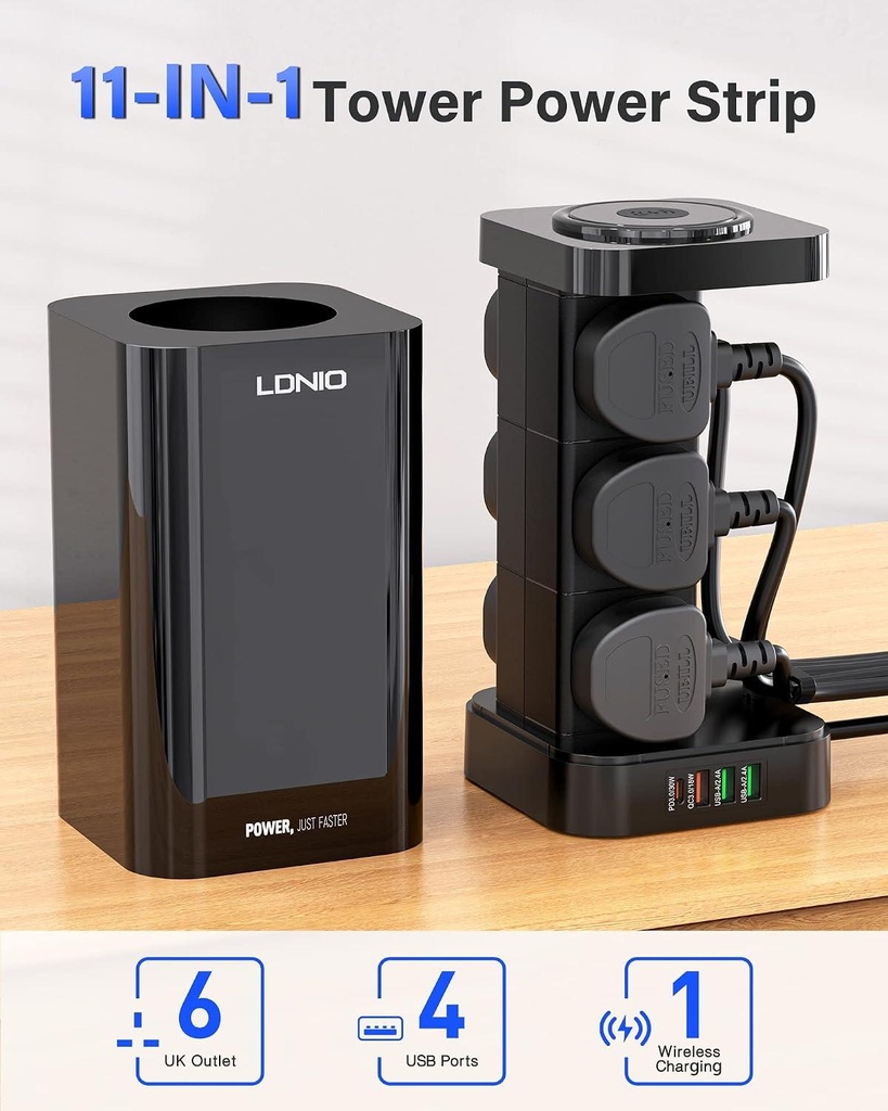 LDNIO SKW6457 2500W UK Tower Extension Socket with 15W Wireless Charger & USB Ports