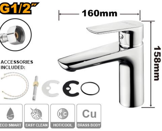 INGCO HSLBM11501 Single Lever Washbasin Mixer – Chrome Finish - Brass Body, ½" Connector, Ceramic Cartridge