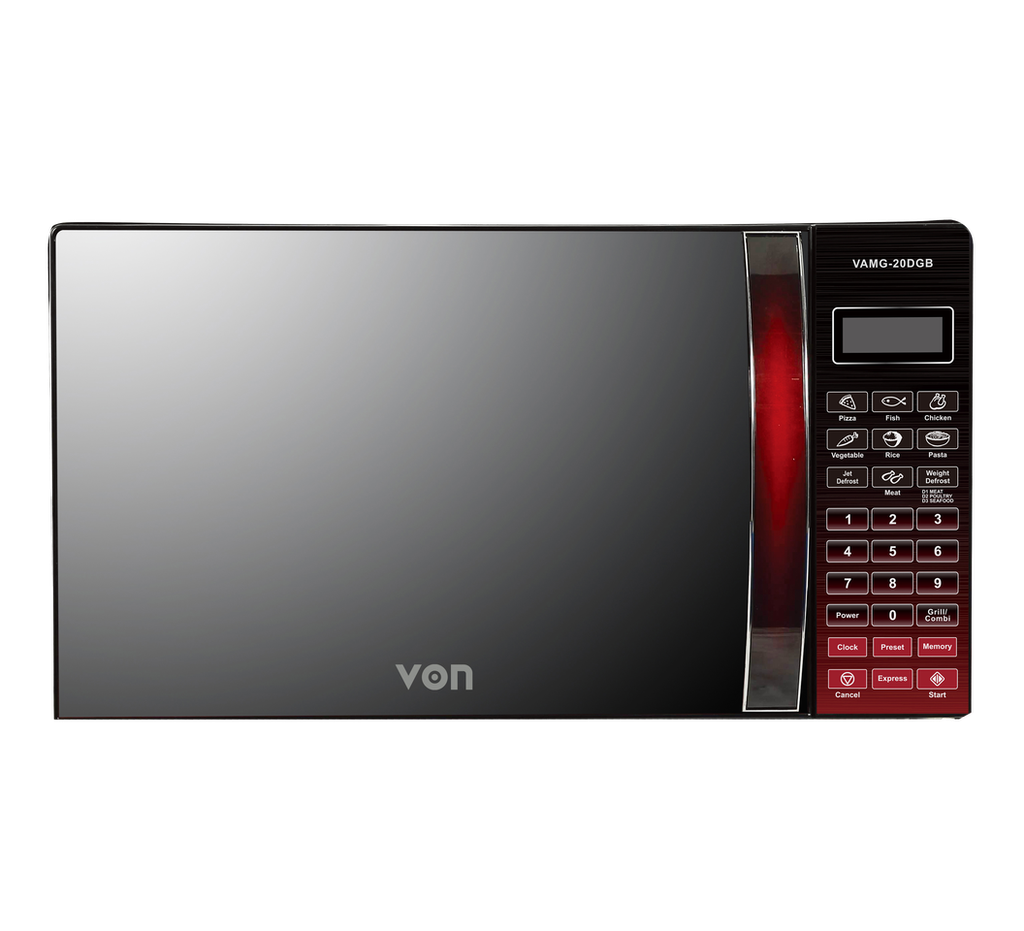 VON VAMG-20DGB 20L Digital Grill Microwave Oven – 900W, a compact and powerful kitchen appliance designed for fast cooking, grilling, and reheating with precision and style.