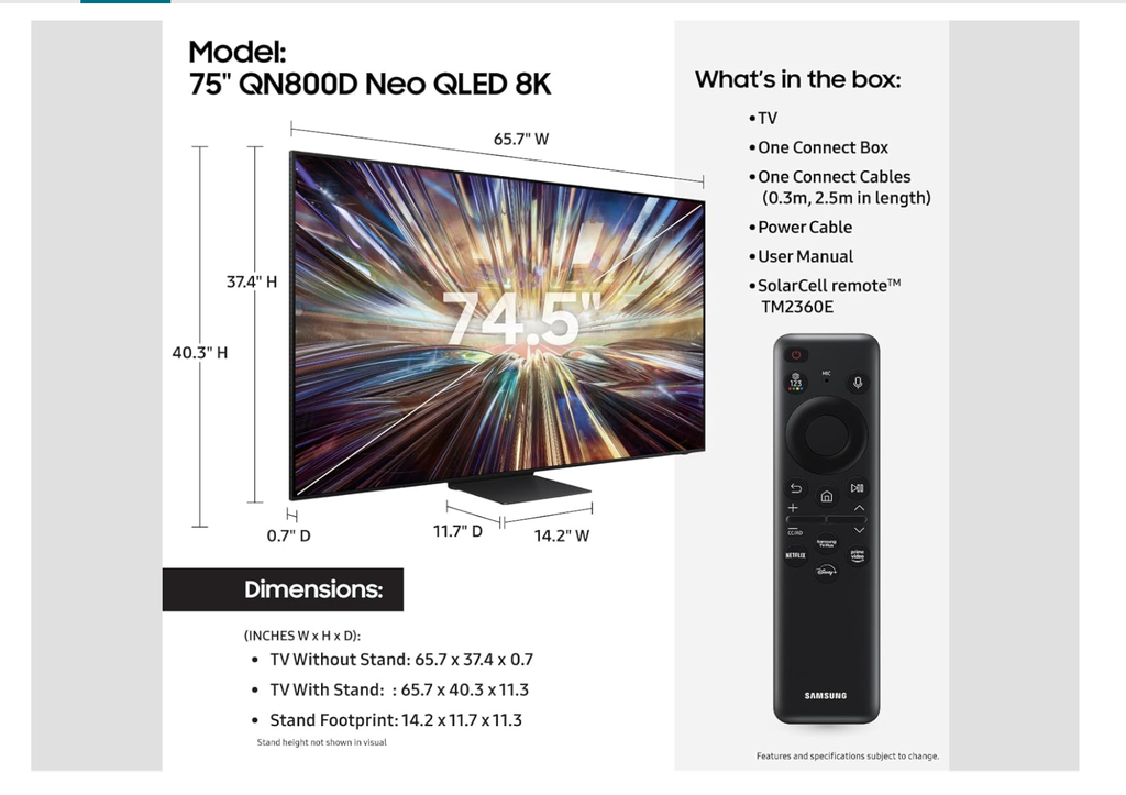Samsung QN75QN800DU 75-Inch QLED 8K Mini LED Smart TV - Neo Quantum HDR, Dolby Atmos, 165Hz, AI Motion Enhancer, 2024 Model