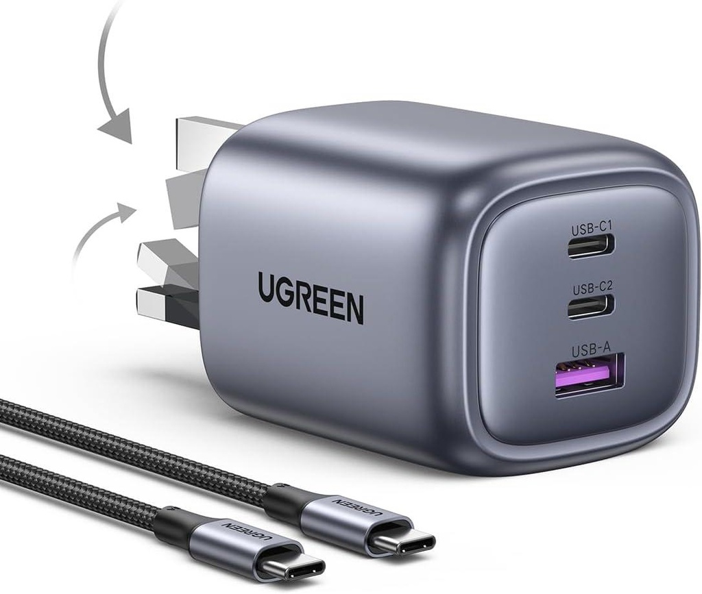 UGREEN X755 Nexode Pro 65W 3-Port GaN Fast Charger (UK Plug) Grey + 1.5M 100W USB-C Cable UG-25872 – Compact PD Fast Charging Adapter
