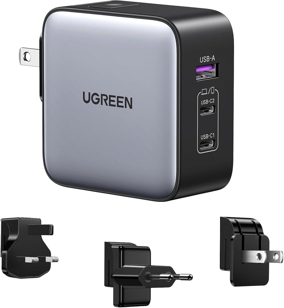 UGREEN CD296 65W 3-Port GaN Fast Charger UG-90409 – Interchangeable UK/US/EU Plugs, Quick Charging for Laptops, Phones & Tablets