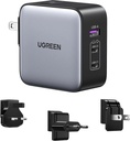 UGREEN CD296 65W 3-Port GaN Fast Charger UG-90409 – Interchangeable UK/US/EU Plugs, Quick Charging for Laptops, Phones & Tablets