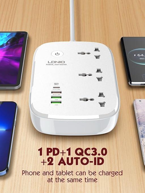 LDNIO SCW3451 2500W 10A Smart WiFi Extension Power Strip with Type C USB Ports 3 Power Sockets with 30W Type C PD QC 3.0 Fast USB Port Multi-Port Extension with USB App Control