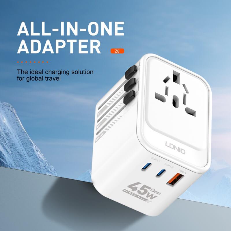 LDNIO Z8 45W Universal GaN Outlets Power Strip Travel Adapter - 3 USB Ports (2 USB C, 1 USB A Ports)