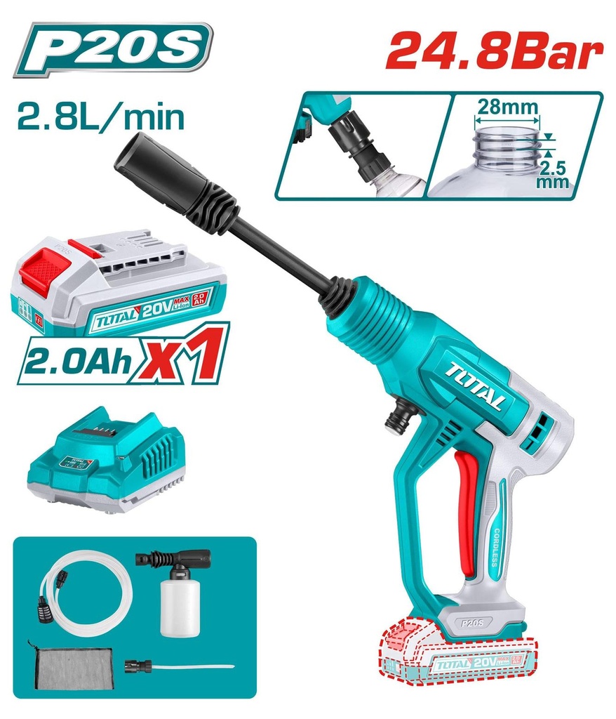 Total TPWLI20362 24.8Bar, 20V Cordless pressure washer