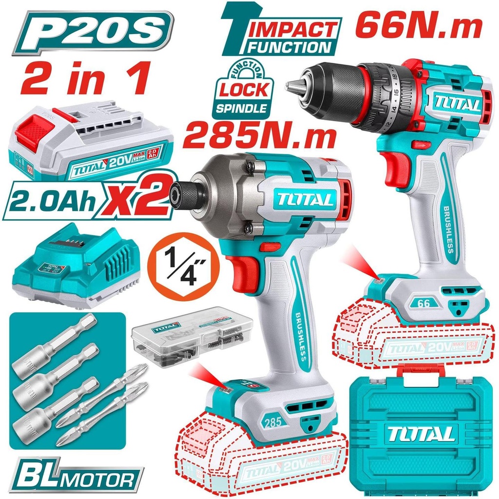Total TCKLI20277 Cordless 2 pcs combo kit, Brushless Cordless Drill and Cordless Impact Wrench