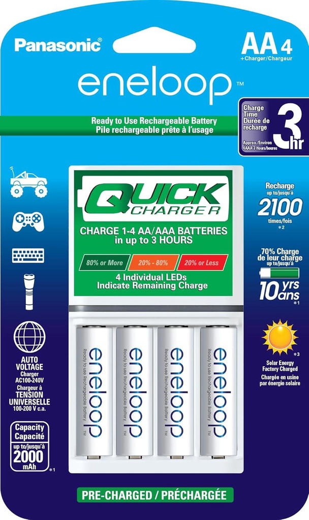 Panasonic  Eneloop K-KJ55MCA4BA Advanced Individual Battery 3 Hour Quick Charger with 4 AA Rechargeable Batteries