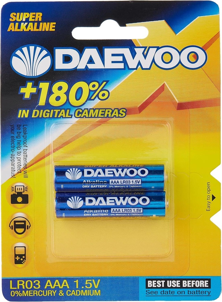 Daewoo Battery AAA 1.5V Alkaline 2-Piece Rechargeable Batterry Pair