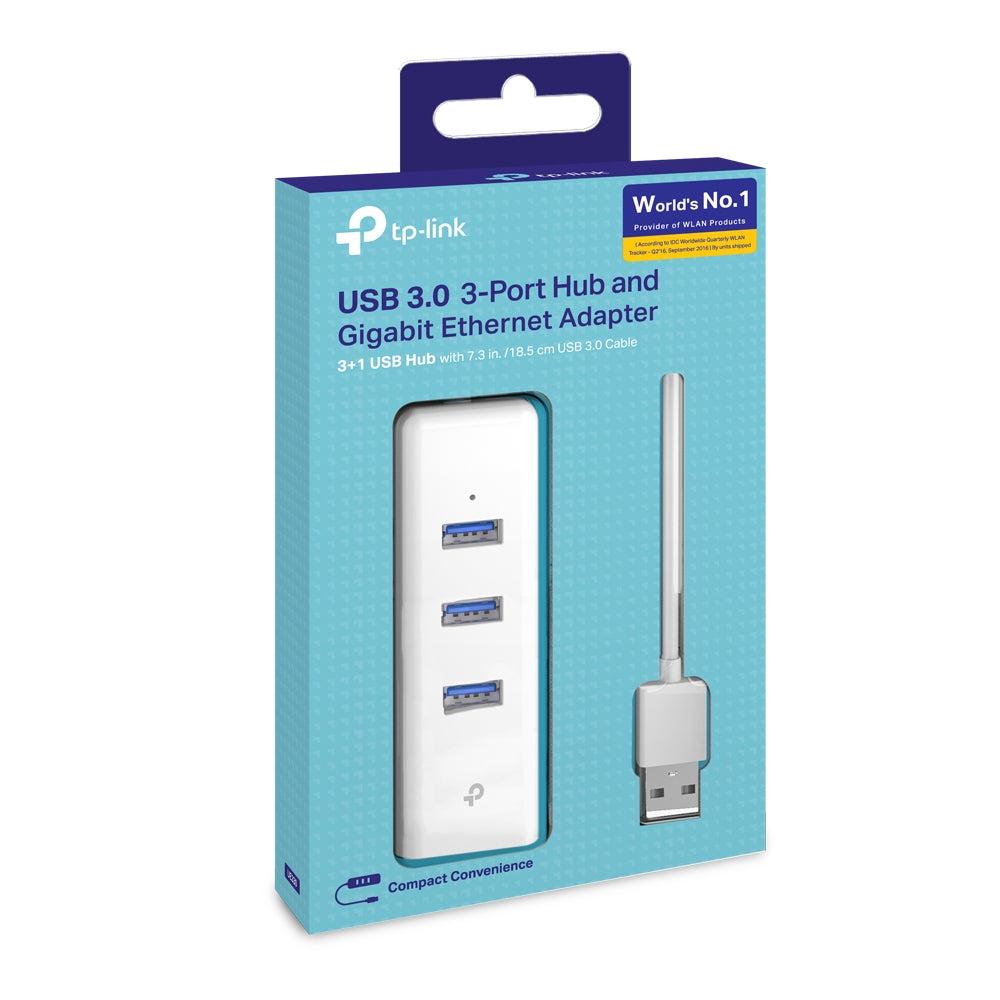 TP-Link TL-UE330 USB 3.0 3-Port Hub & Gigabit Ethernet Adapter – High Speed Multi-Port USB Expansion Hub with RJ45 LAN Adapter for Laptops, Ultrabooks, Office, Home, and Professional Networking Applications