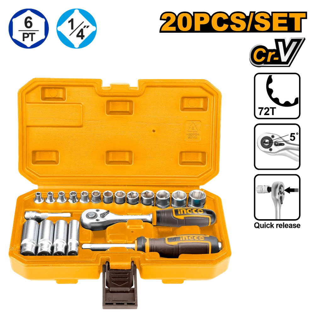 Ingco HKTS14201 20 Pcs 1/4  Inch Socket Set