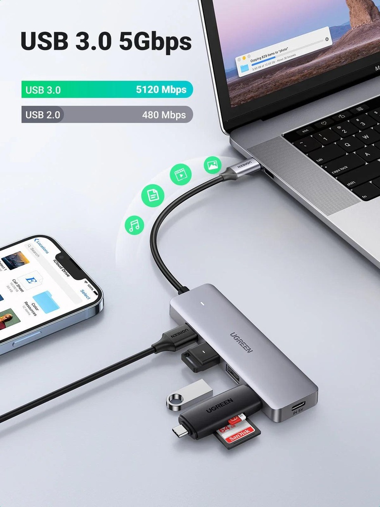 Ugreen 4 Port USB 3.0 Hub CM219 - 4-Port Hub with USB-C & USB-A 2-in-1 interface - 1M Cable – (UG-25851)